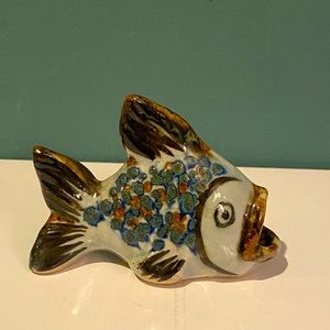 Tonala Hand Painted Mexican Pottery Fish Daisy Signed Mexico Open Mouth